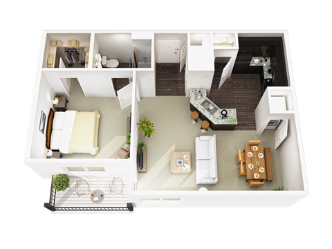 Floor plan for 1 bed, 1 bath, 834 sqft